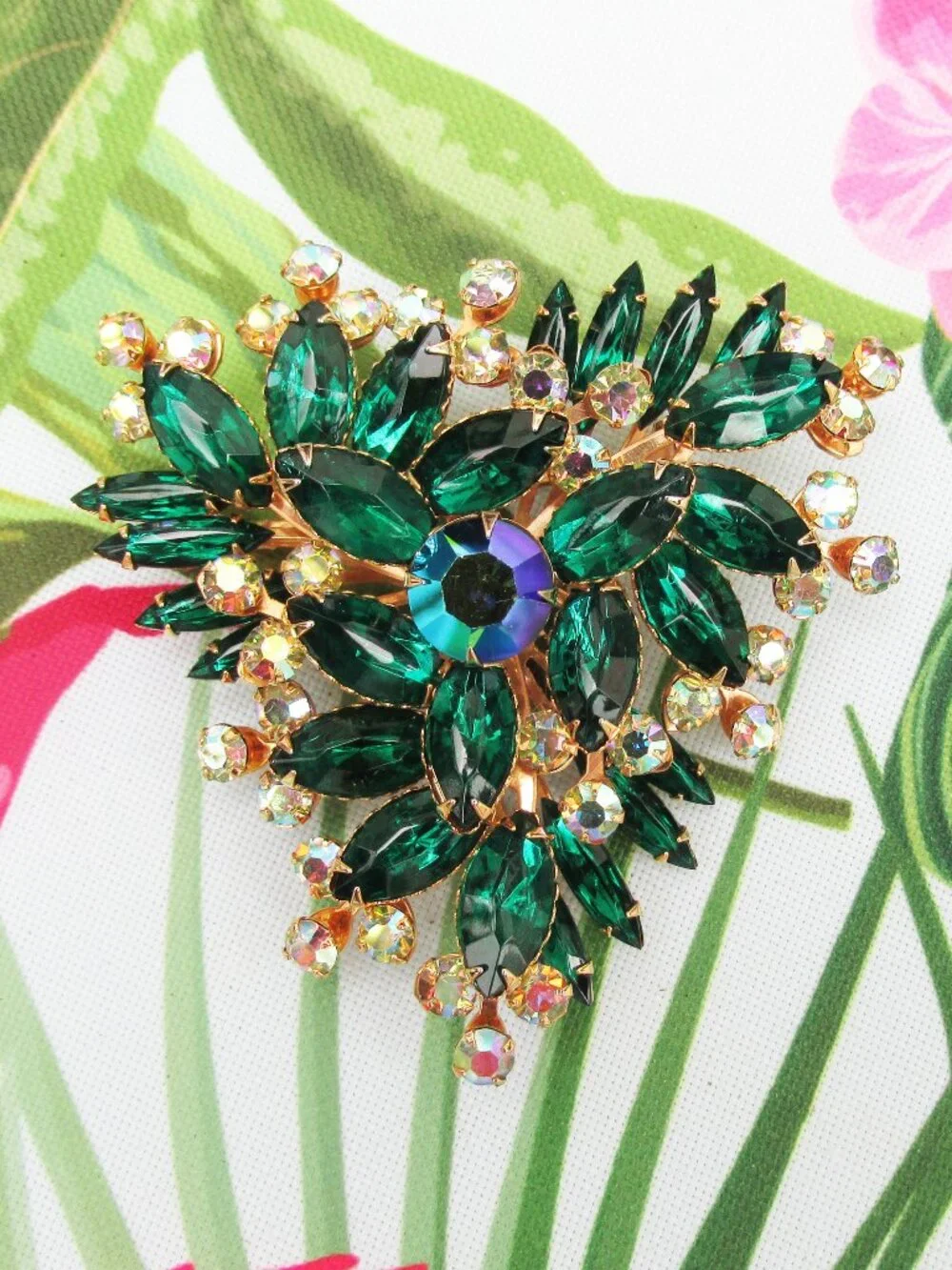 Vintage Austria Large Green Aurora Borealis Rhinestone Gold Tone Brooch Pin